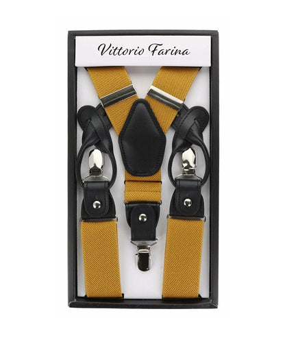 Solid Convertible Suspenders with Gold or Silver Hardware in a Box by Vittorio Farina (SUSP - CONV - SC_MUSTARD) for Independent Retail Stores by Dubal Brothers