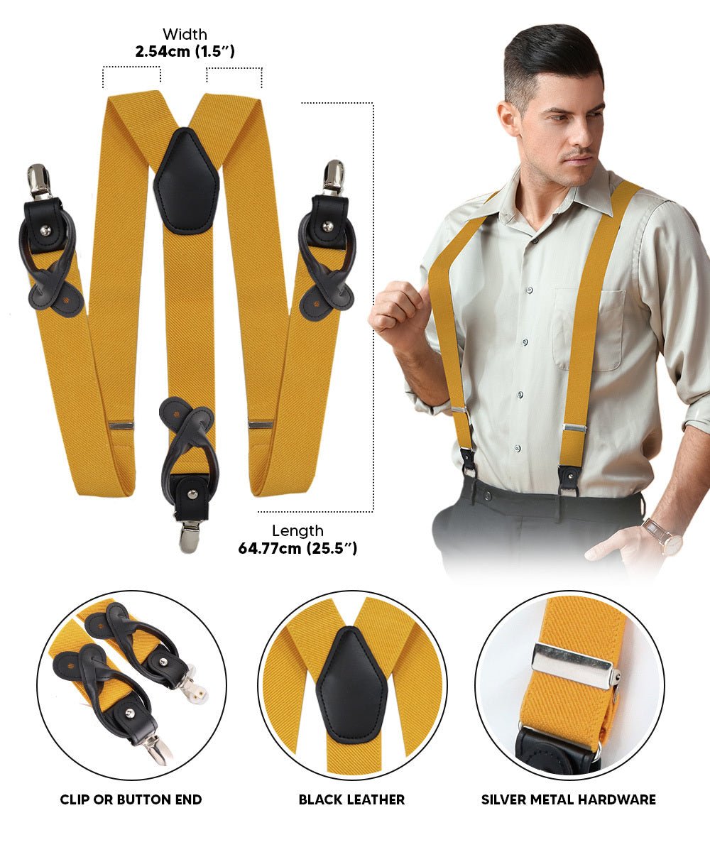 Solid Convertible Suspenders with Gold or Silver Hardware in a Box by Vittorio Farina (SUSP - CONV - SC_MUSTARD) for Independent Retail Stores by Dubal Brothers
