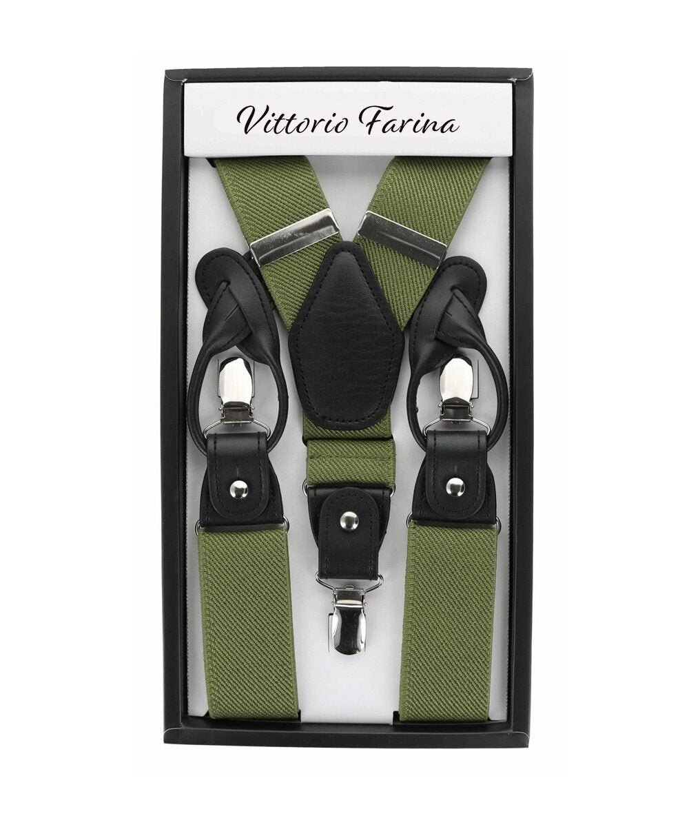 Solid Convertible Suspenders with Gold or Silver Hardware in a Box by Vittorio Farina (SUSP - CONV - SC_OLIVE) for Independent Retail Stores by Dubal Brothers