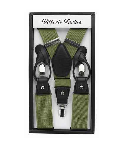 Solid Convertible Suspenders with Gold or Silver Hardware in a Box by Vittorio Farina (SUSP - CONV - SC_OLIVE) for Independent Retail Stores by Dubal Brothers