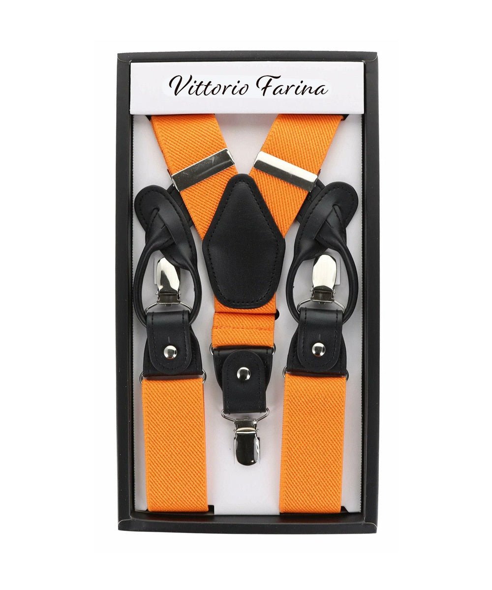 Solid Convertible Suspenders with Gold or Silver Hardware in a Box by Vittorio Farina (SUSP - CONV - SC_ORANGE) for Independent Retail Stores by Dubal Brothers