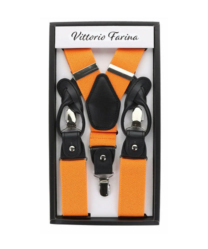 Solid Convertible Suspenders with Gold or Silver Hardware in a Box by Vittorio Farina (SUSP - CONV - SC_ORANGE) for Independent Retail Stores by Dubal Brothers