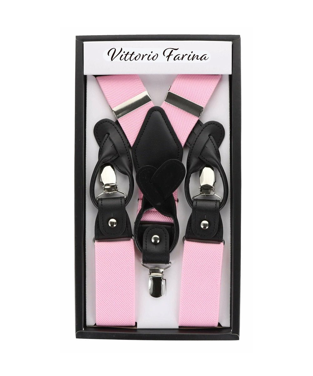Solid Convertible Suspenders with Gold or Silver Hardware in a Box by Vittorio Farina (SUSP - CONV - SC_PINK) for Independent Retail Stores by Dubal Brothers