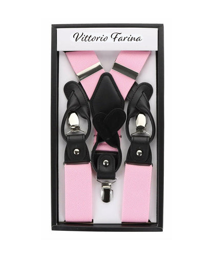 Solid Convertible Suspenders with Gold or Silver Hardware in a Box by Vittorio Farina (SUSP - CONV - SC_PINK) for Independent Retail Stores by Dubal Brothers
