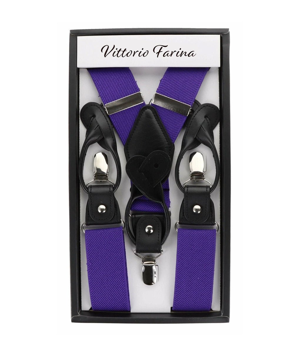 Solid Convertible Suspenders with Gold or Silver Hardware in a Box by Vittorio Farina (SUSP - CONV - SC_PURPLE) for Independent Retail Stores by Dubal Brothers