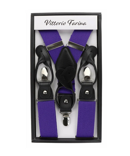 Solid Convertible Suspenders with Gold or Silver Hardware in a Box by Vittorio Farina (SUSP - CONV - SC_PURPLE) for Independent Retail Stores by Dubal Brothers