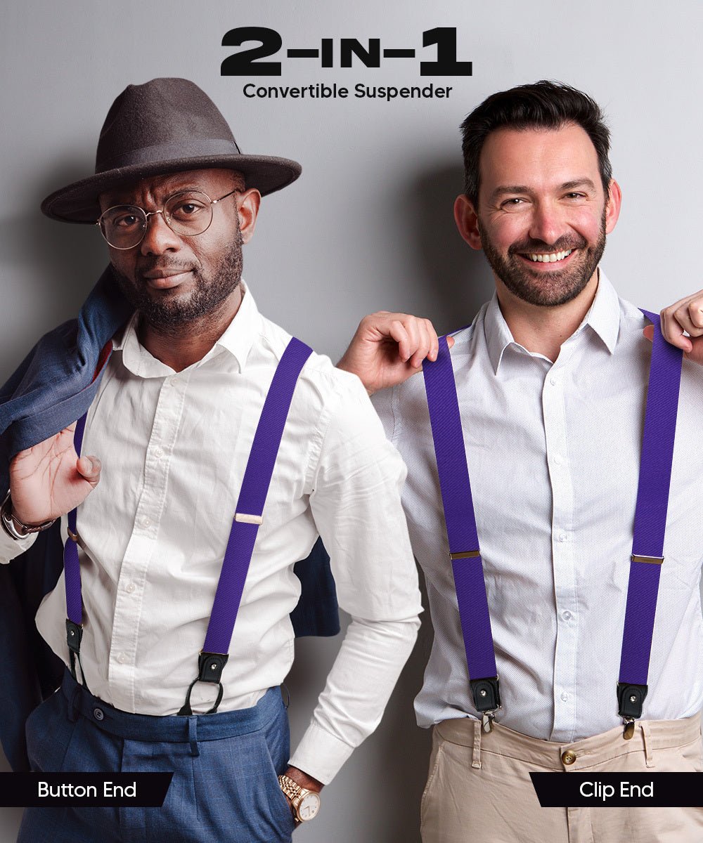 Solid Convertible Suspenders with Gold or Silver Hardware in a Box by Vittorio Farina (SUSP - CONV - SC_PURPLE) for Independent Retail Stores by Dubal Brothers