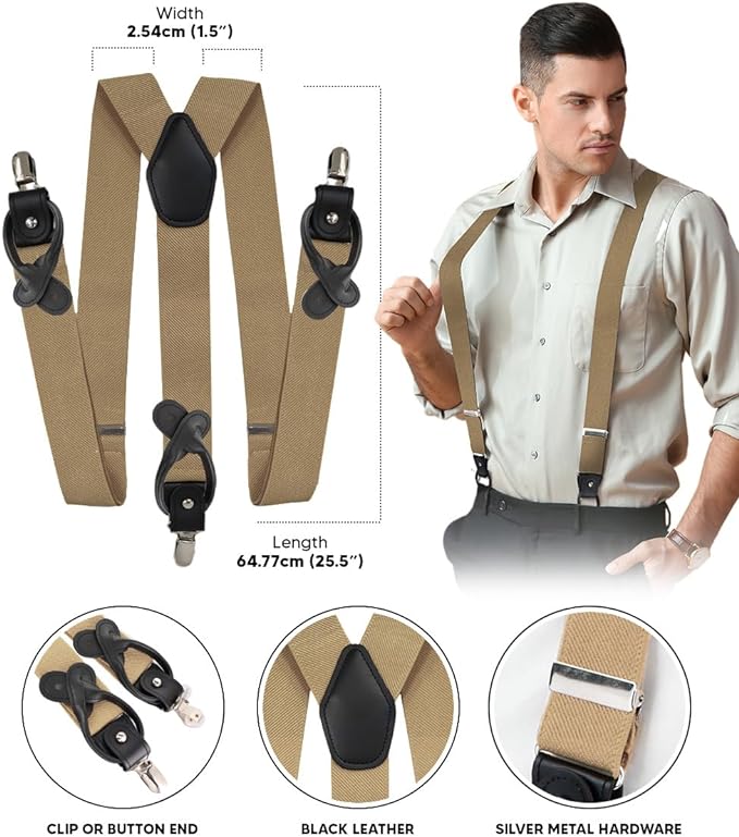 Solid Convertible Suspenders with Gold or Silver Hardware in a Box by Vittorio Farina (SUSP - CONV - SC_TAUPE) for Independent Retail Stores by Dubal Brothers