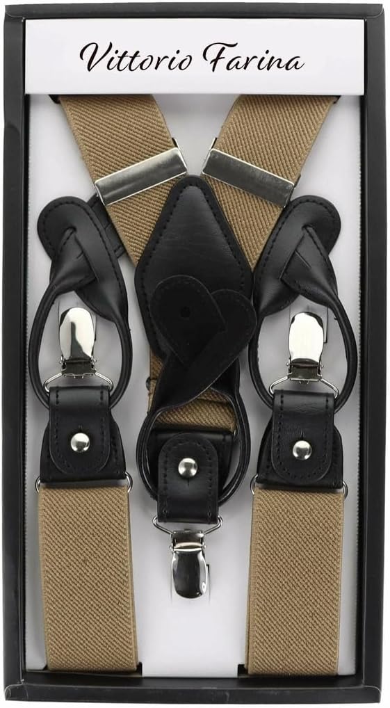 Solid Convertible Suspenders with Gold or Silver Hardware in a Box by Vittorio Farina (SUSP - CONV - SC_TAUPE) for Independent Retail Stores by Dubal Brothers