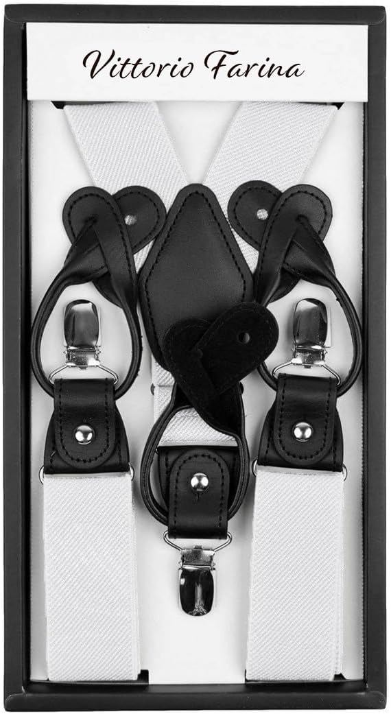 Solid Convertible Suspenders with Gold or Silver Hardware in a Box by Vittorio Farina (SUSP - CONV - SC_WHITE) for Independent Retail Stores by Dubal Brothers