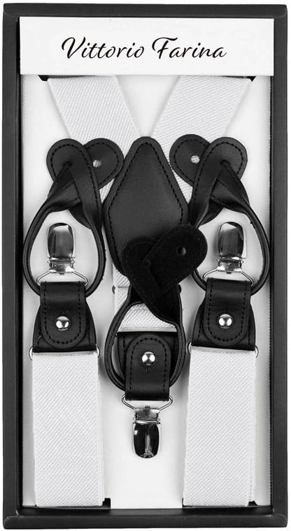 Solid Convertible Suspenders with Gold or Silver Hardware in a Box by Vittorio Farina (SUSP - CONV - SC_WHITE) for Independent Retail Stores by Dubal Brothers