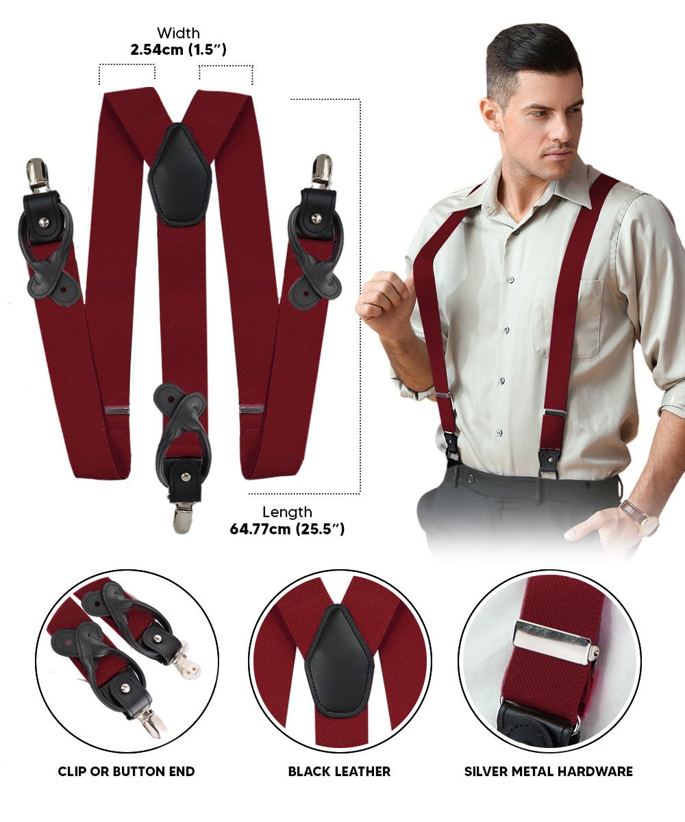 Solid Convertible Suspenders with Gold or Silver Hardware in a Box by Vittorio Farina (SUSP - CONV - SC_WINE) for Independent Retail Stores by Dubal Brothers