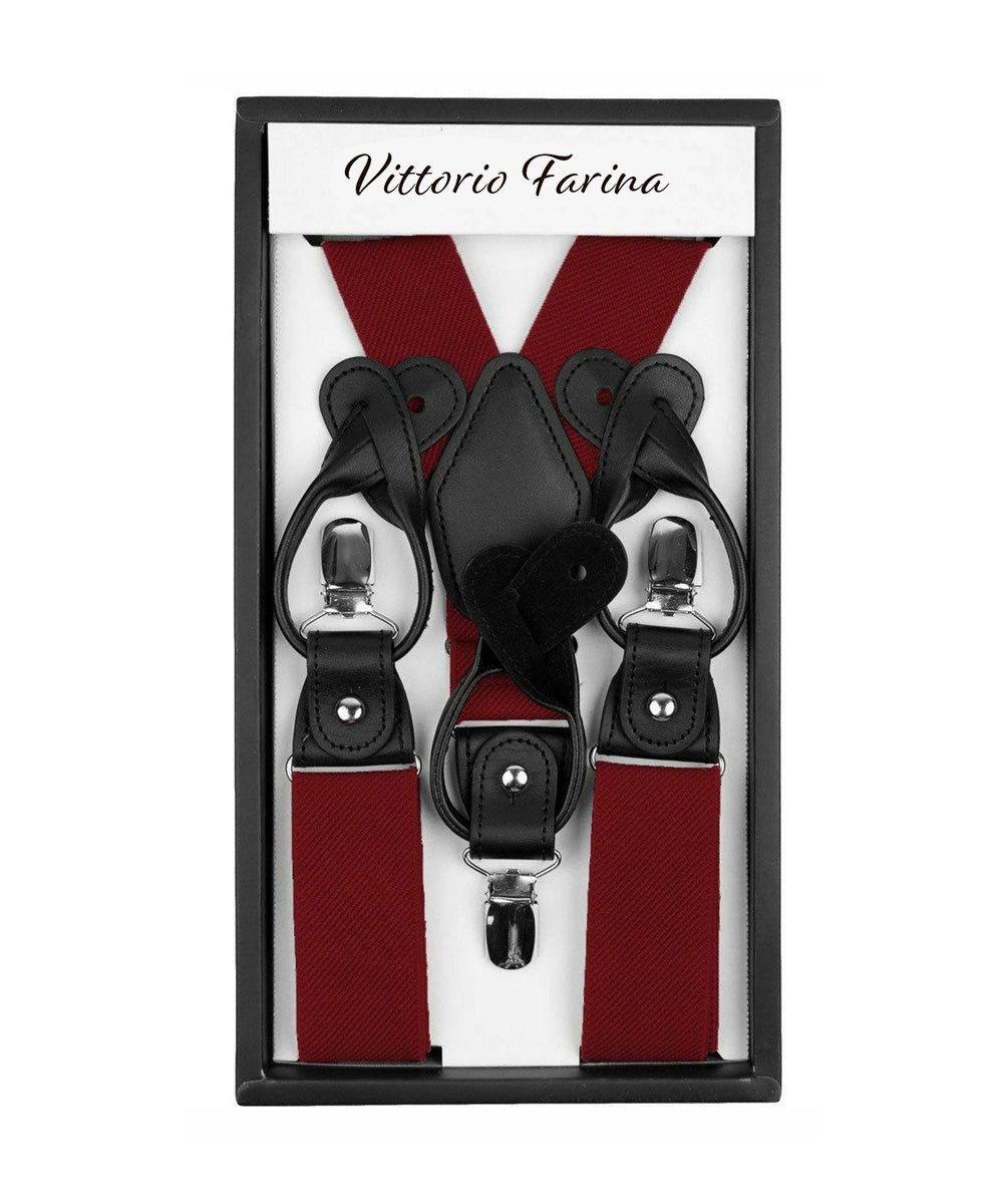 Solid Convertible Suspenders with Gold or Silver Hardware in a Box by Vittorio Farina (SUSP - CONV - SC_WINE) for Independent Retail Stores by Dubal Brothers