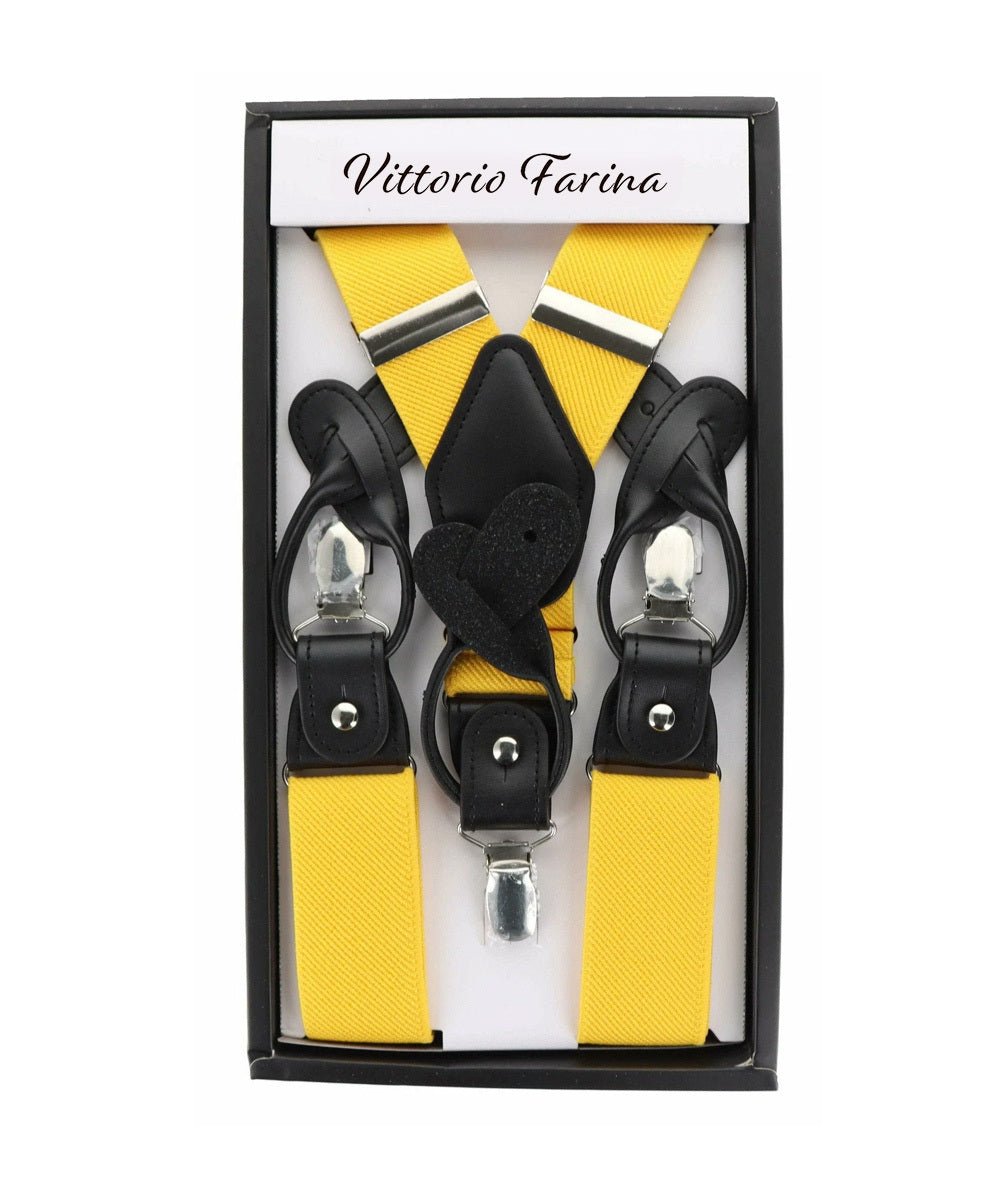 Solid Convertible Suspenders with Gold or Silver Hardware in a Box by Vittorio Farina (SUSP - CONV - SC_YELLOW) for Independent Retail Stores by Dubal Brothers