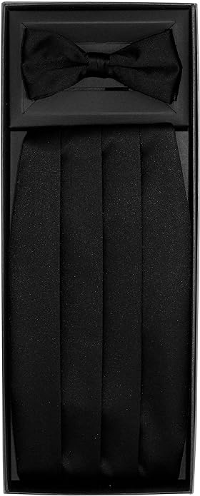 Solid Cummerbund, Bow Tie & Pocket Sqaure Set in a Box by Vittorio Farina (cummerbund - black) for Independent Retail Stores by Dubal Brothers