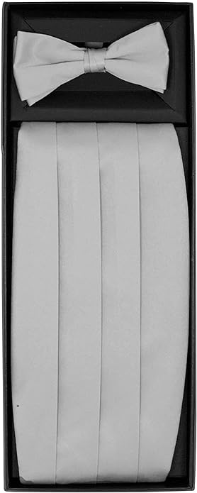 Solid Cummerbund, Bow Tie & Pocket Sqaure Set in a Box by Vittorio Farina (cummerbund - silver) for Independent Retail Stores by Dubal Brothers
