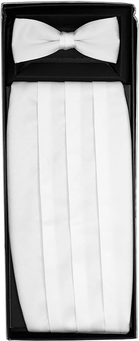 Solid Cummerbund, Bow Tie & Pocket Sqaure Set in a Box by Vittorio Farina (cummerbund - white) for Independent Retail Stores by Dubal Brothers