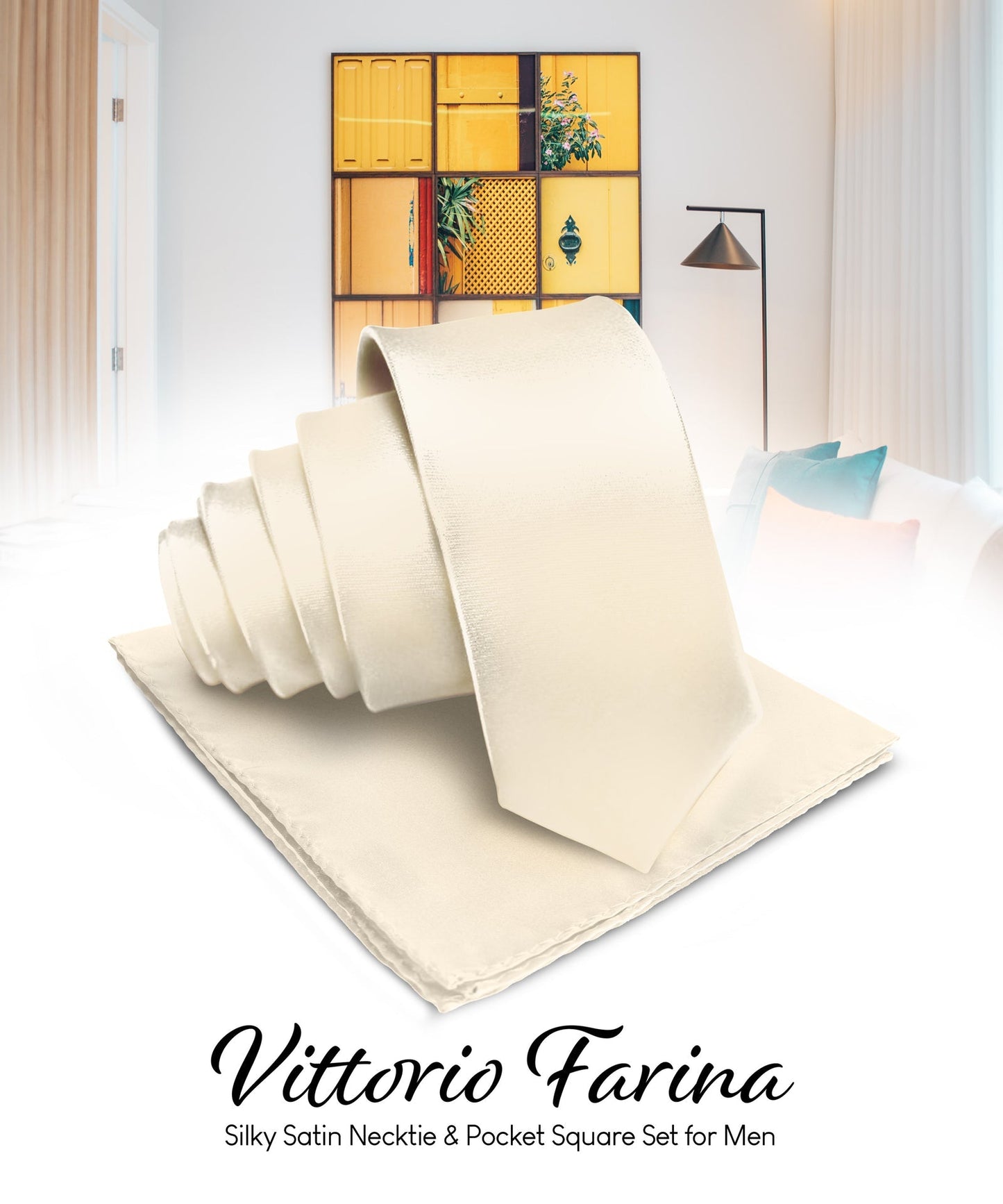 Solid Necktie & Pocket Square by Vittorio Farina (NH - SOLID_BEIGE) for Independent Retail Stores by Dubal Brothers