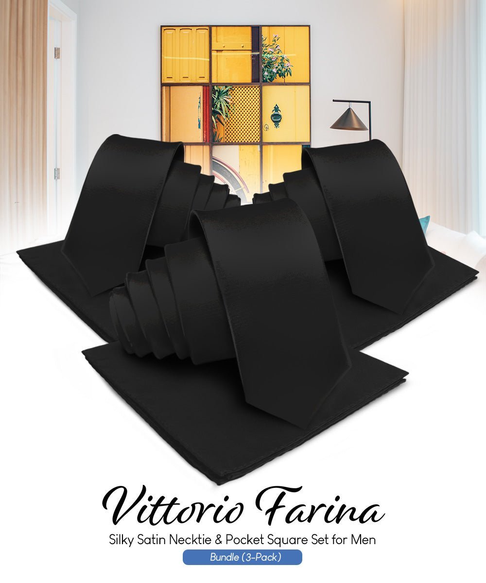 Solid Necktie & Pocket Square (Multipacks) by Vittorio Farina - Black - Wholesale Necktie & Pocket Square by Dubal Brothers