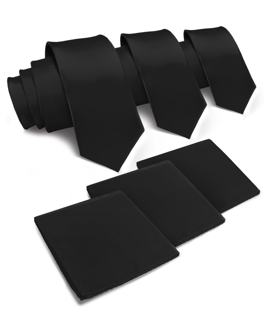 Solid Necktie & Pocket Square (Multipacks) by Vittorio Farina - Black - Wholesale Necktie & Pocket Square by Dubal Brothers