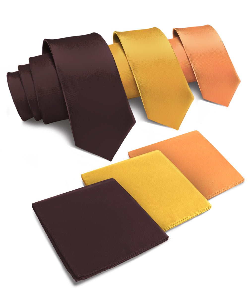 Solid Necktie & Pocket Square (Multipacks) by Vittorio Farina - Brown/Mustard/Burnt Orange - Wholesale Necktie & Pocket Square by Dubal Brothers