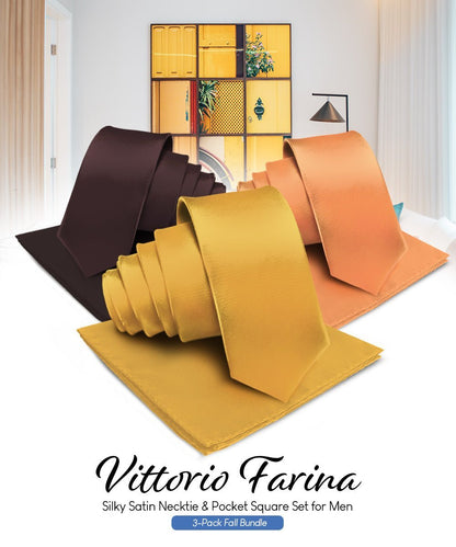 Solid Necktie & Pocket Square (Multipacks) by Vittorio Farina - Brown/Mustard/Burnt Orange - Wholesale Necktie & Pocket Square by Dubal Brothers