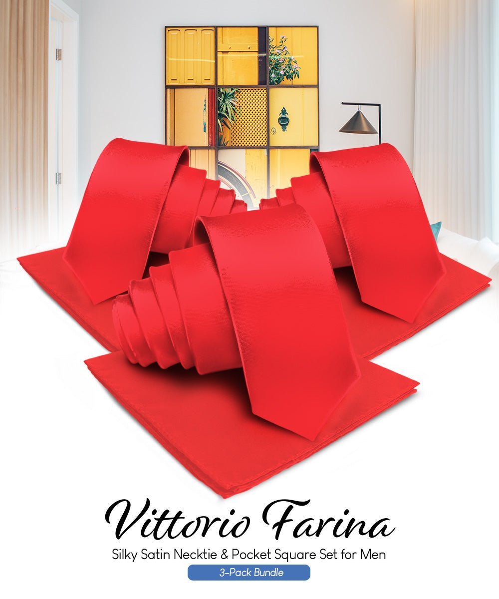 Solid Necktie & Pocket Square (Multipacks) by Vittorio Farina - Red - Wholesale Necktie & Pocket Square by Dubal Brothers