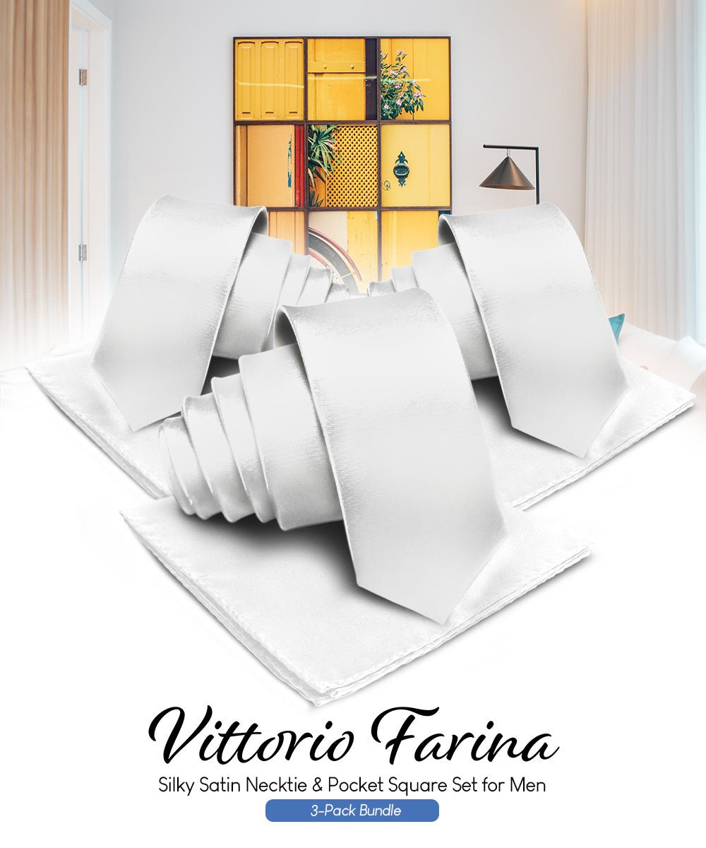 Solid Necktie & Pocket Square (Multipacks) by Vittorio Farina - White - Wholesale Necktie & Pocket Square by Dubal Brothers