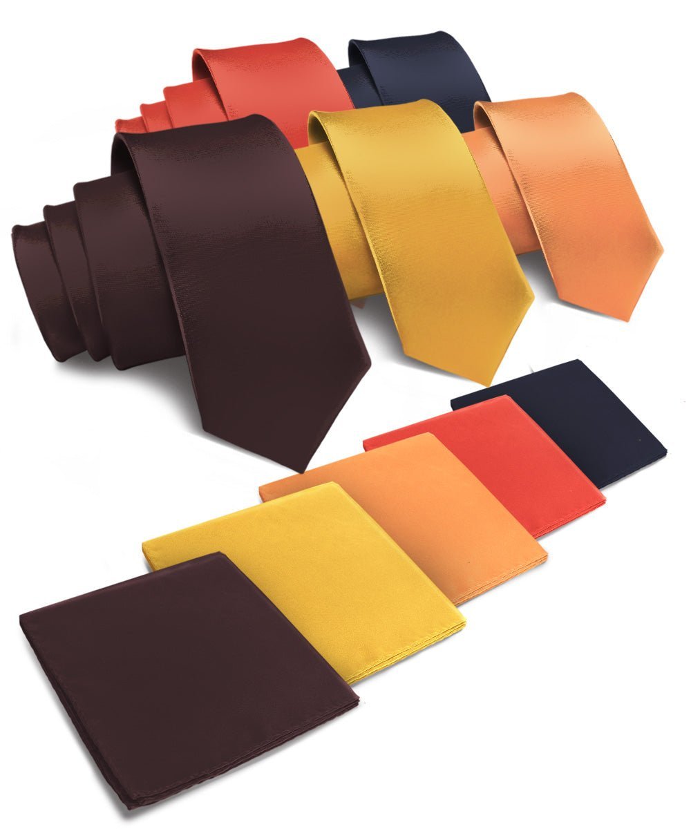 Solid Necktie & Pocket Square (Multipacks) by Vittorio Farina - Brown/Mustard/Burnt Orange/Rust Red/Navy Blue - Wholesale Necktie & Pocket Square by Dubal Brothers