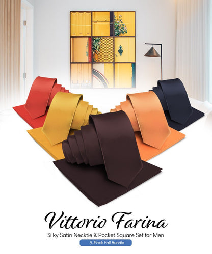 Solid Necktie & Pocket Square (Multipacks) by Vittorio Farina - Brown/Mustard/Burnt Orange/Rust Red/Navy Blue - Wholesale Necktie & Pocket Square by Dubal Brothers