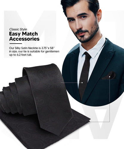 Solid Paisley Necktie & Pocket Square (Multipacks) by Vittorio Farina - Black - Wholesale Necktie & Pocket Square by Dubal Brothers