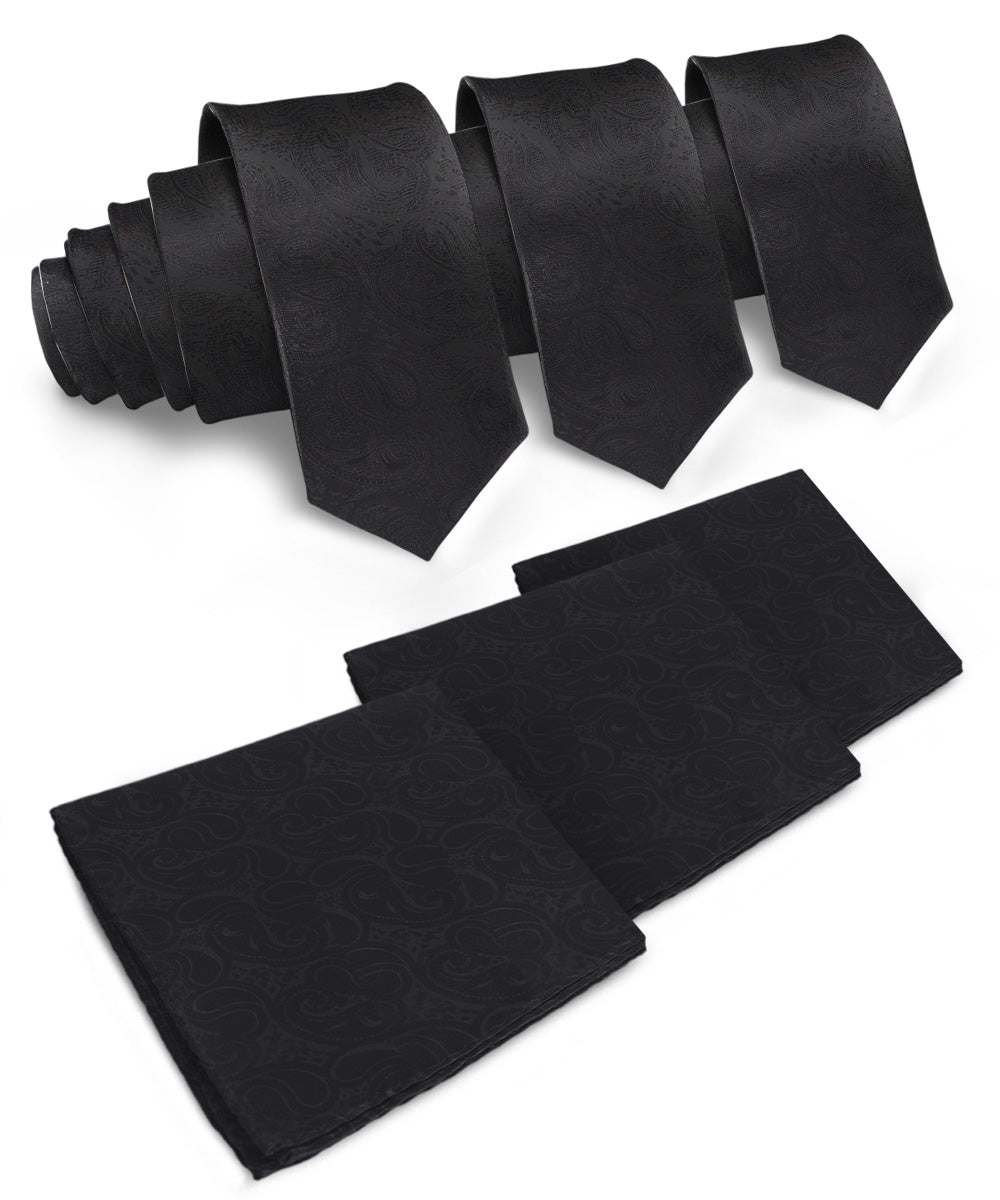 Solid Paisley Necktie & Pocket Square (Multipacks) by Vittorio Farina - Black - Wholesale Necktie & Pocket Square by Dubal Brothers
