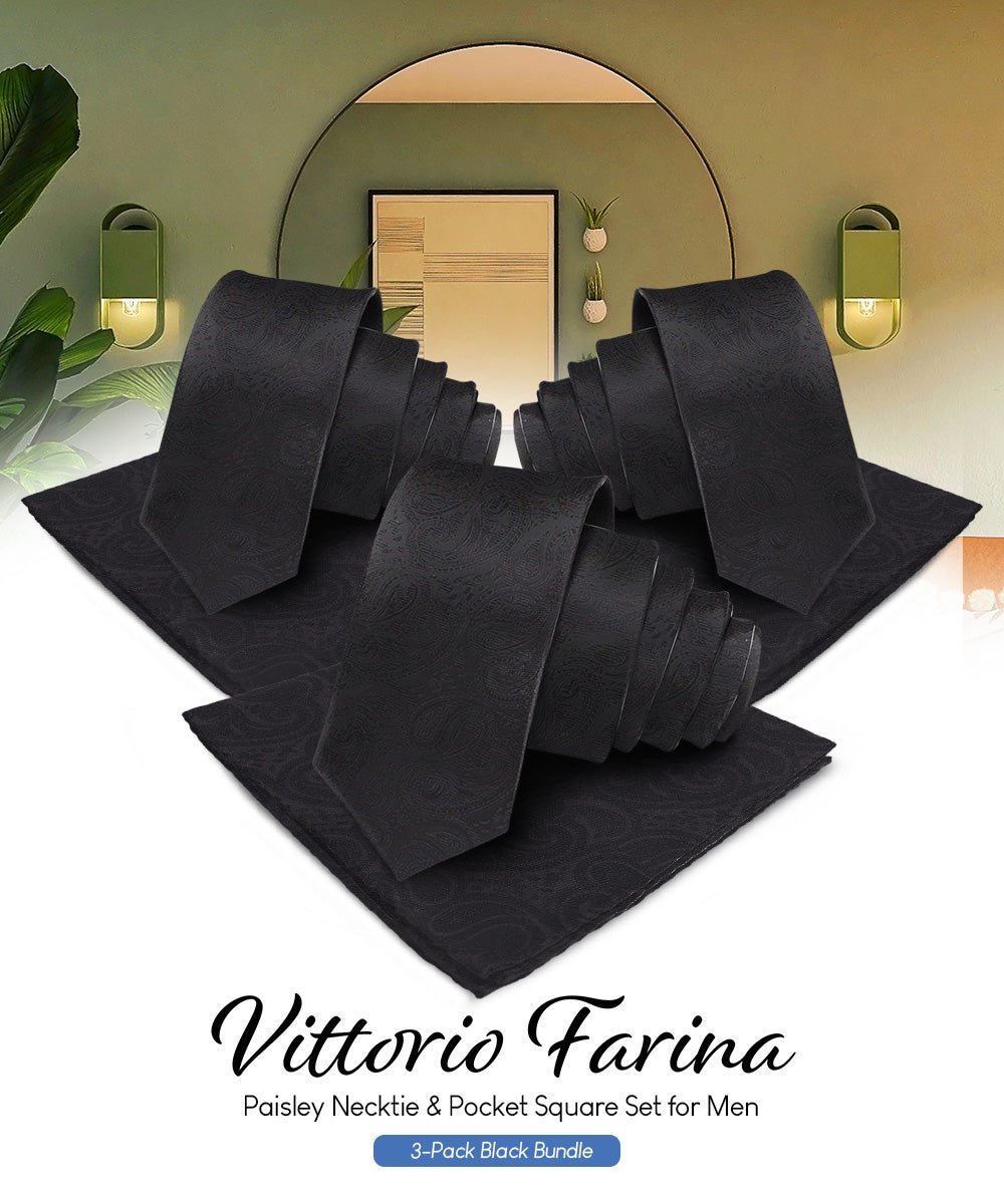 Solid Paisley Necktie & Pocket Square (Multipacks) by Vittorio Farina - Black - Wholesale Necktie & Pocket Square by Dubal Brothers
