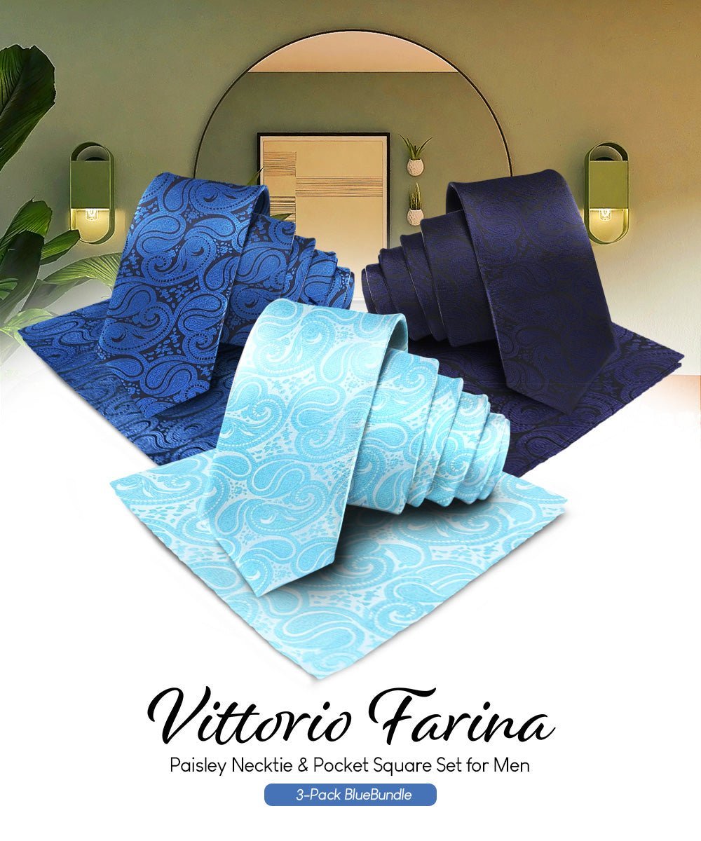 Solid Paisley Necktie & Pocket Square (Multipacks) by Vittorio Farina - Navy Blue/Royal Blue/Turquoise - Wholesale Necktie & Pocket Square by Dubal Brothers