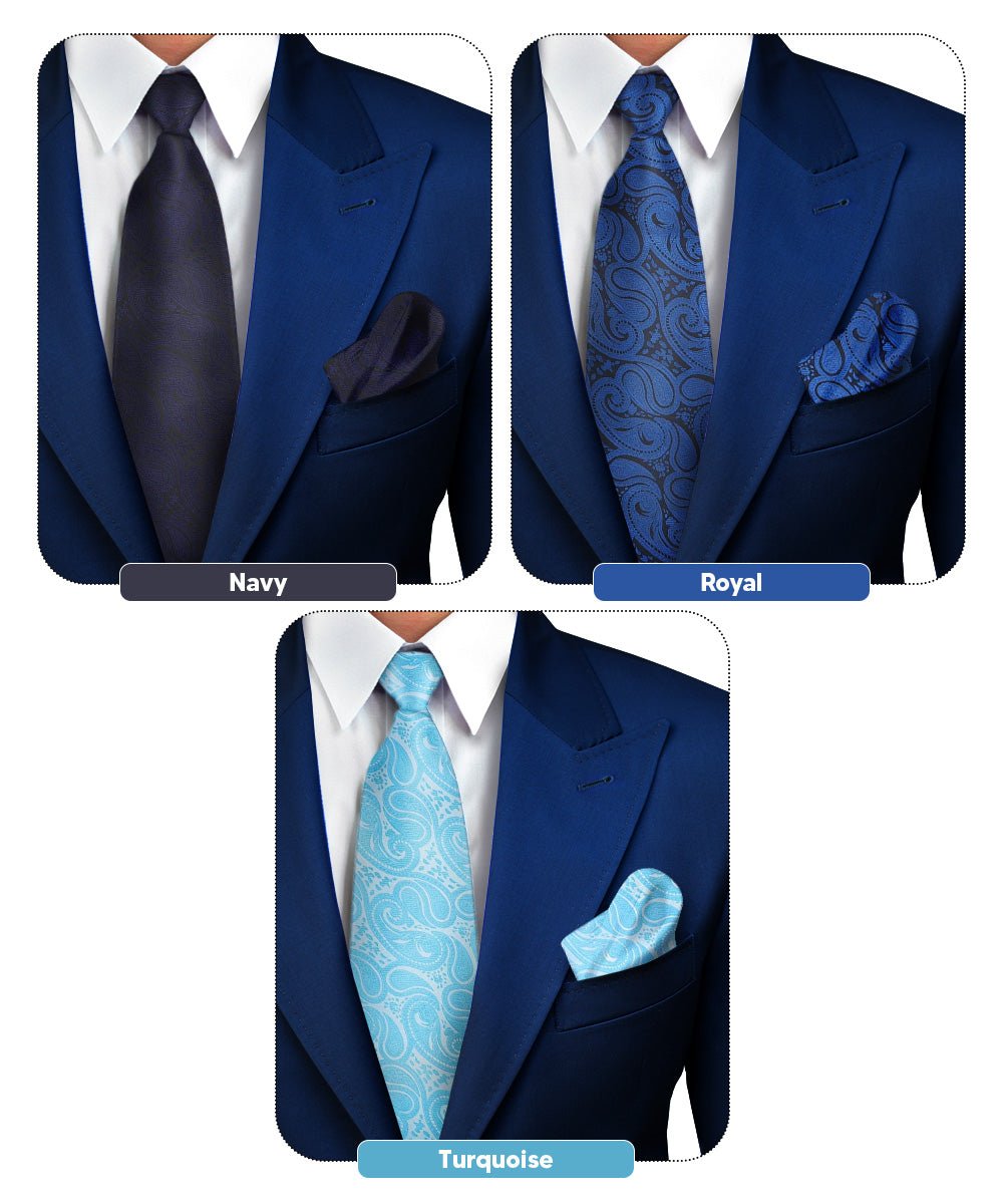 Solid Paisley Necktie & Pocket Square (Multipacks) by Vittorio Farina - Navy Blue/Royal Blue/Turquoise - Wholesale Necktie & Pocket Square by Dubal Brothers
