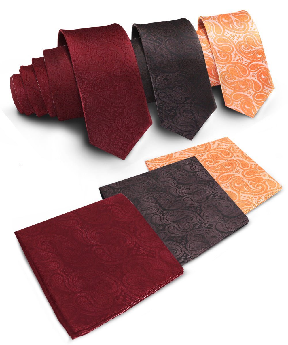 Solid Paisley Necktie & Pocket Square (Multipacks) by Vittorio Farina - Burgundy/Brown/Burnt Orange - Wholesale Necktie & Pocket Square by Dubal Brothers