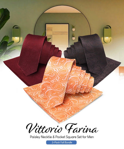 Solid Paisley Necktie & Pocket Square (Multipacks) by Vittorio Farina - Burgundy/Brown/Burnt Orange - Wholesale Necktie & Pocket Square by Dubal Brothers