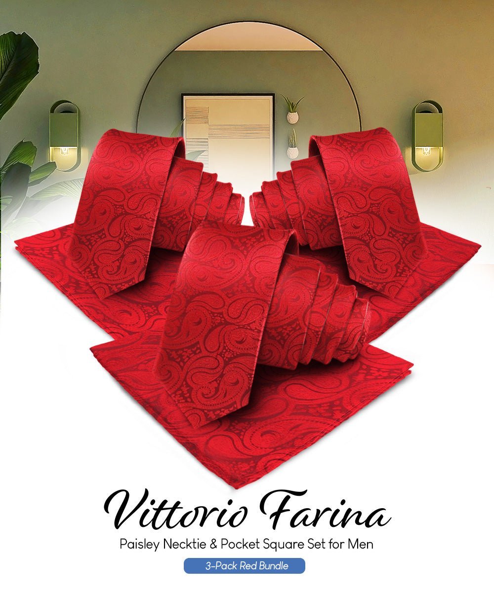Solid Paisley Necktie & Pocket Square (Multipacks) by Vittorio Farina - Red - Wholesale Necktie & Pocket Square by Dubal Brothers