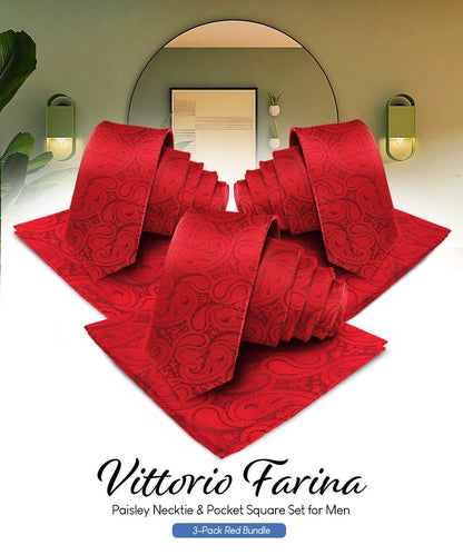 Solid Paisley Necktie & Pocket Square (Multipacks) by Vittorio Farina - Red - Wholesale Necktie & Pocket Square by Dubal Brothers