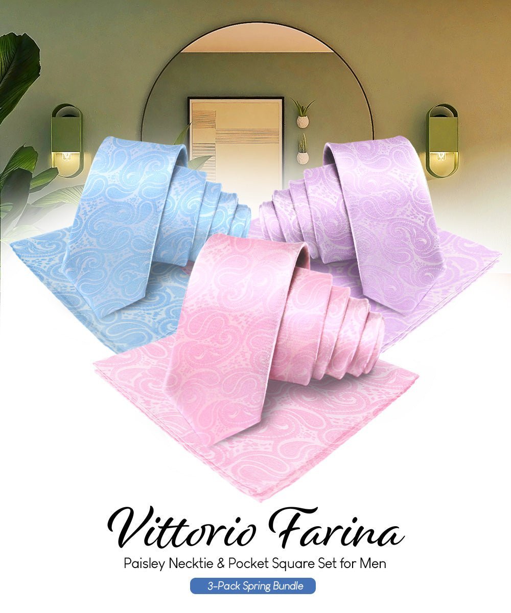 Solid Paisley Necktie & Pocket Square (Multipacks) by Vittorio Farina - Sky Blue/Pink/Lavender - Wholesale Necktie & Pocket Square by Dubal Brothers