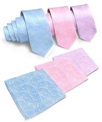 Solid Paisley Necktie & Pocket Square (Multipacks) by Vittorio Farina - Sky Blue/Pink/Lavender - Wholesale Necktie & Pocket Square by Dubal Brothers