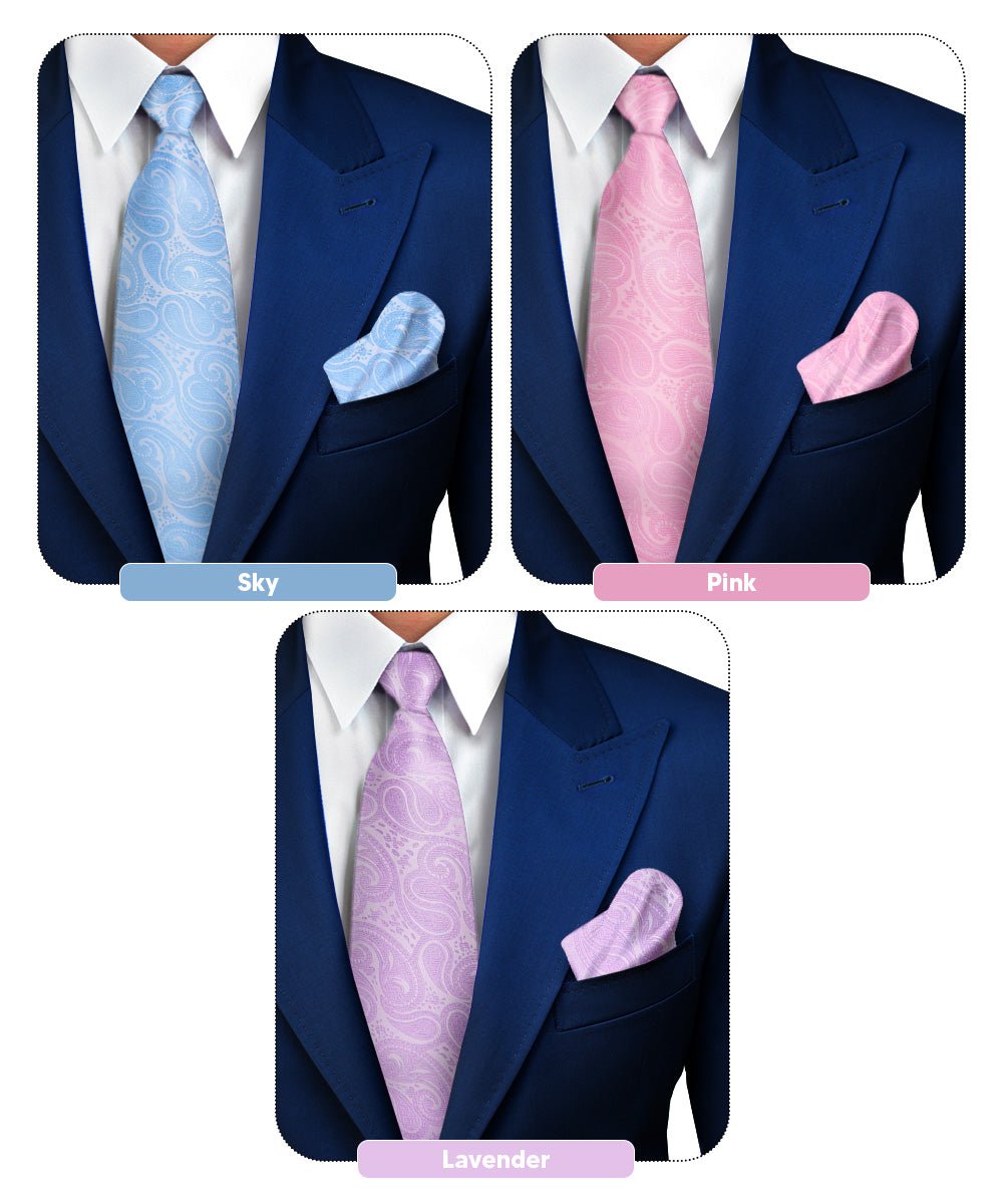Solid Paisley Necktie & Pocket Square (Multipacks) by Vittorio Farina - Sky Blue/Pink/Lavender - Wholesale Necktie & Pocket Square by Dubal Brothers