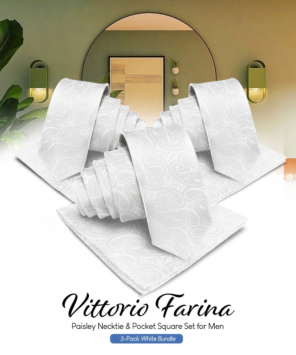 Solid Paisley Necktie & Pocket Square (Multipacks) by Vittorio Farina - White - Wholesale Necktie & Pocket Square by Dubal Brothers