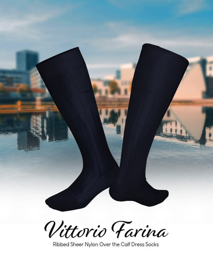 Solid Ribbed Design Over the Calf Dress Socks (12 Pack) by Vittorio Farina (o - c - navy - 12) for Independent Retail Stores by Dubal Brothers