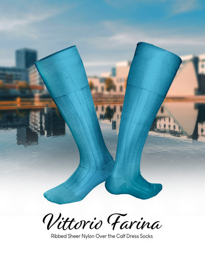 Solid Ribbed Design Over the Calf Dress Socks (12 Pack) by Vittorio Farina (o - c - sky - 12) for Independent Retail Stores by Dubal Brothers