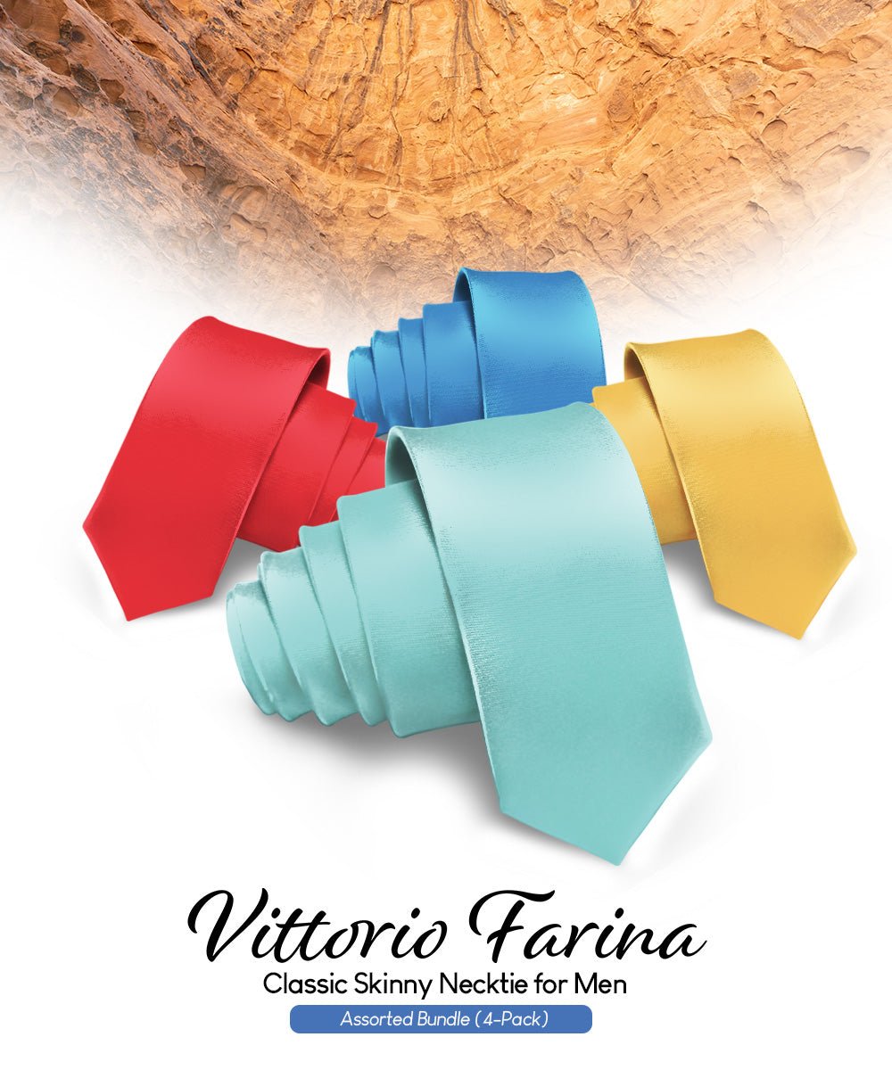 Solid Skinny Necktie (4 Packs) by Vittorio Farina - Aqua/Gold/Red/Royal - Wholesale Necktie by Dubal Brothers