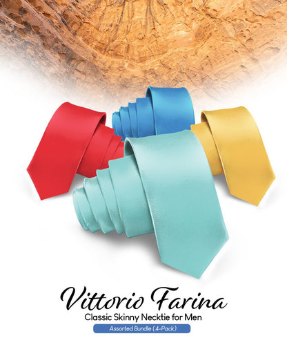 Solid Skinny Necktie (4 Packs) by Vittorio Farina - Aqua/Gold/Red/Royal - Wholesale Necktie by Dubal Brothers