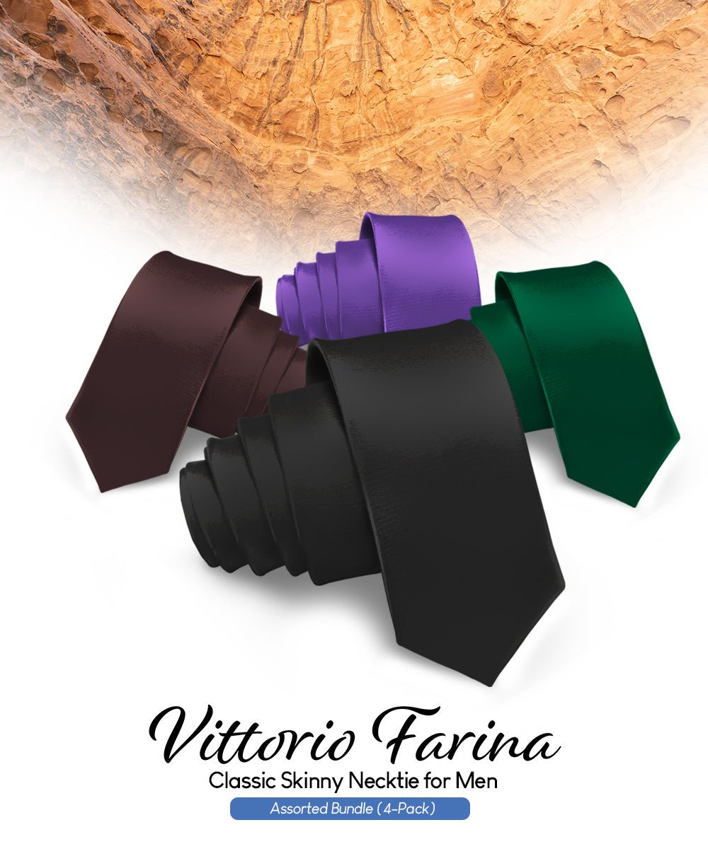 Solid Skinny Necktie (4 Packs) by Vittorio Farina - Black/Brown/Hunter Green/Purple - Wholesale Necktie by Dubal Brothers