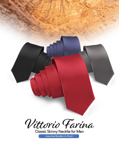 Solid Skinny Necktie (4 Packs) by Vittorio Farina - Black/Burgundy/Charcoal/Navy Blue - Wholesale Necktie by Dubal Brothers