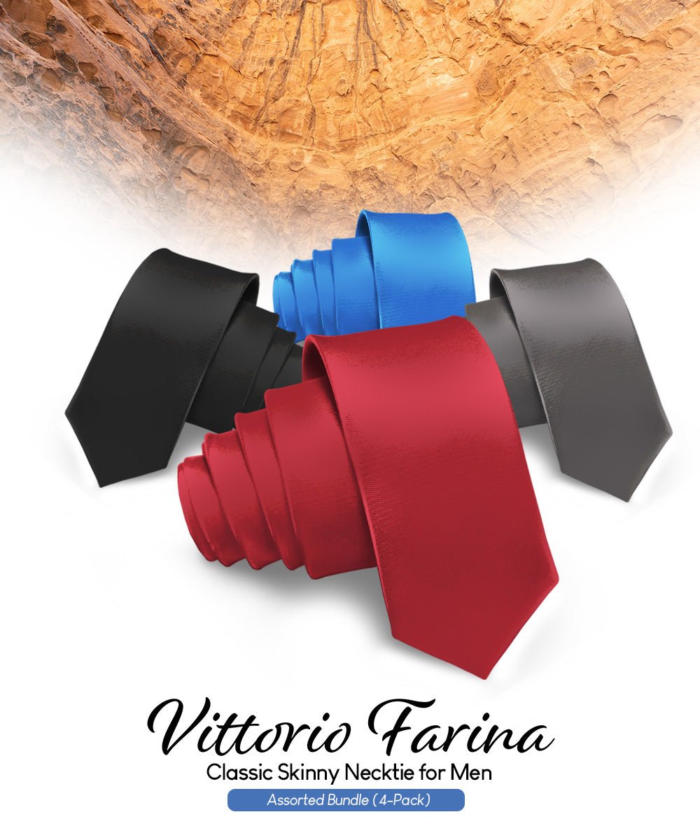 Solid Skinny Necktie (4 Packs) by Vittorio Farina - Black/Burgundy/Charcoal/Royal Blue - Wholesale Necktie by Dubal Brothers